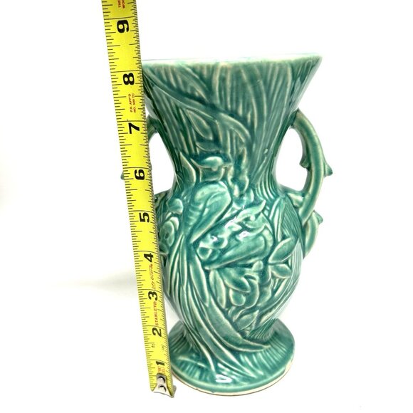 Vintage McCoy Bird of Paradise Floral Raised 3D Teal Aqua Turquoise Vase Signed - Picture 11 of 11